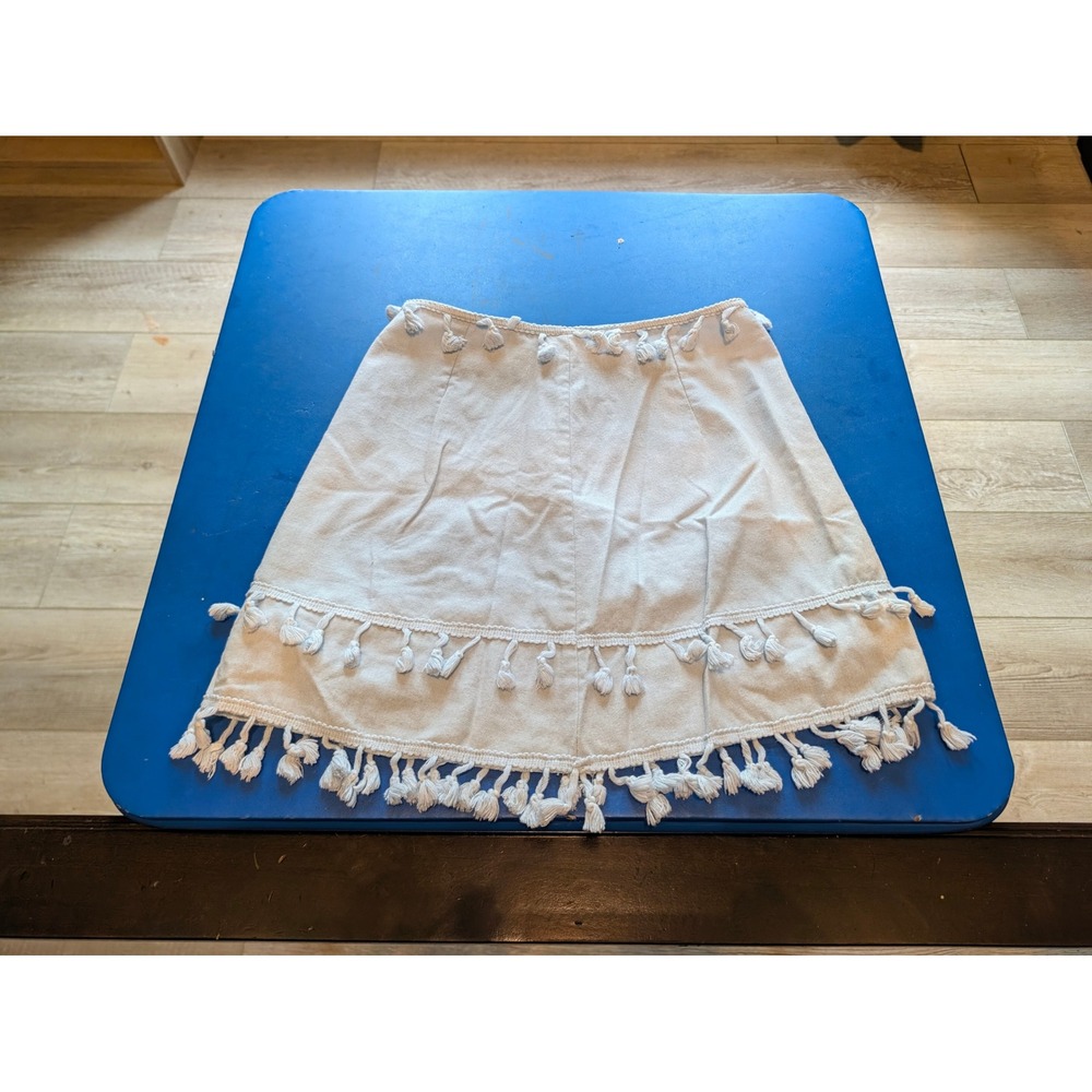 Light Blue Tassel Trim Linen Blend Mini Skirt Boho A-Line XS FBA5488342